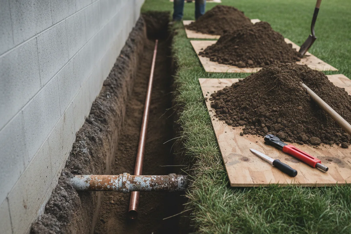 Excavated water line trench during Water Heater Repair in Alvin